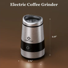 LINKChef electric coffee grinder, compact stainless and black design with top opening