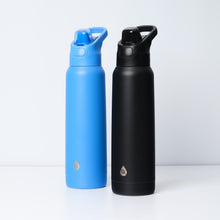 Blue and black stainless steel sport bottles with flip-lock lids and straw spouts