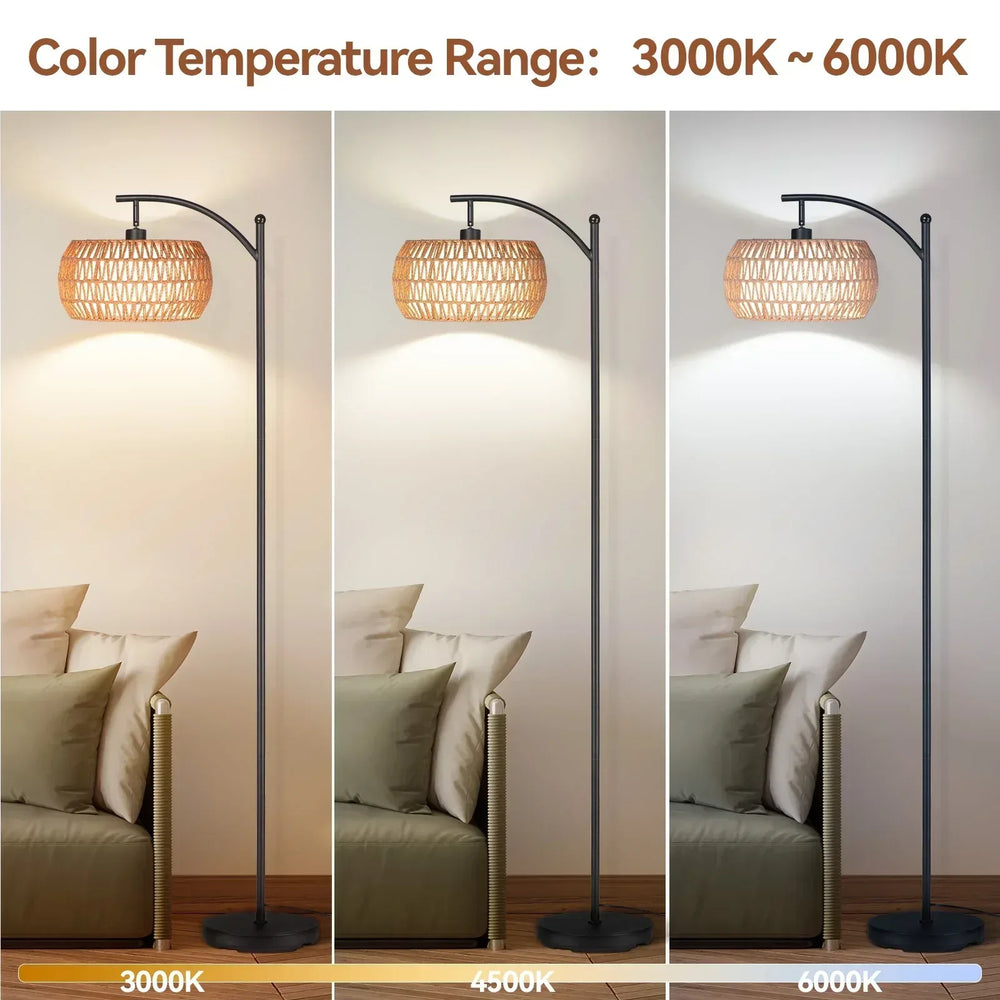 SUNMORY 63'' Dimmable Arc Rattan Floor Lamp, Black Standing Lamp with Rattan & Fabric Double Drum Shade, Boho Farmhouse Tall Lamp for Living Room, Lamps for Bedroom - USA MEGA SHOP