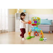 Kids sports activity center with goal arch, purple display, and soccer ball on base