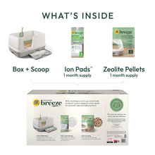 Cat litter box kit contents: box and scoop, Ion Pads, and Zeolite Pellets supplies
