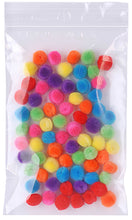 Clear reclosable bag with colorful pom-poms inside and white zip seal at top