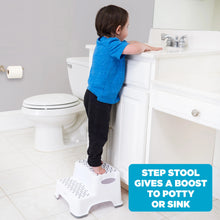 White two-step step stool with gray non-slip tread and curved sides