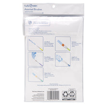 Assorted brushes set packaging back with use diagrams and care instructions