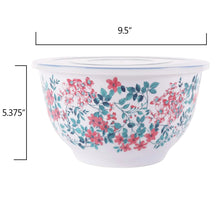 Pink and teal floral melamine mixing bowl with clear lid, white exterior