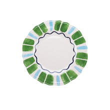 11-inch dinner plate, white center with green and light blue scalloped border pattern