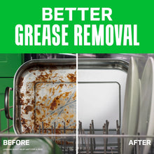 Dishwasher rack before-and-after comparison with grease buildup, after-cleaned rack