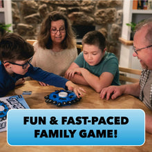 Family playing a blue word-tile spinner game on a wooden table