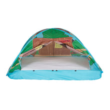 Pop-up play tent with open entry and white floor, blue base, green-and-brown interior