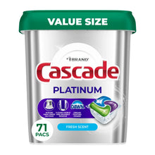 Cascade Platinum dishwasher detergent pods canister, green lid, 71 packs, fresh scent