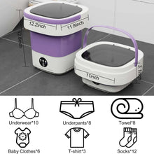 Two purple-and-white portable washing machines with handles, shown with size labels and items