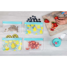 Reusable plastic storage bags with mixed fruit prints, blue zip-seal closures