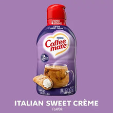 Italian sweet crème coffee creamer bottle front view, red cap, purple container