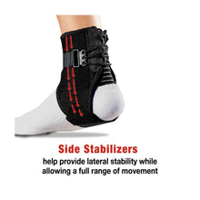 Black adjustable ankle brace with side stabilizers and fastening straps on foot