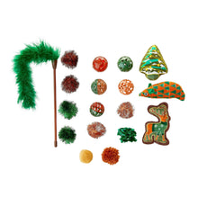 Cat toy set pieces: green wand, textured pom balls, and colorful fish-shaped toys