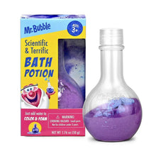 Bath potion bottle with purple liquid inside, clear plastic cap.