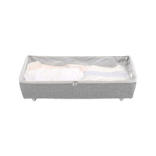 Gray storage bin with zipper closure, open top, and four small rolling caster feet