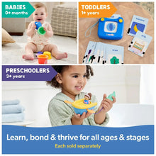 Blue talking flash card reader toy with word cards shown for different ages
