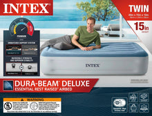 Twin airbed mattress with built-in pump shown in retail packaging