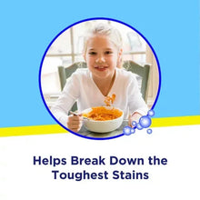 Stain remover ad card showing child holding a bowl with cleaning claim about tough stains