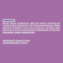 Ingredients text panel for coffee creamer, including water, sugar, and soy oil