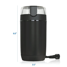 Black electric coffee grinder shown with size: 6.6 in tall, 3.5 in base