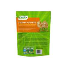 Healthy Harvest starter grower medicated feed bag, back panel with ingredients list