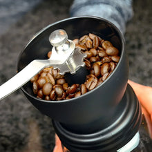 Black coffee grinder hopper filled with roasted coffee beans