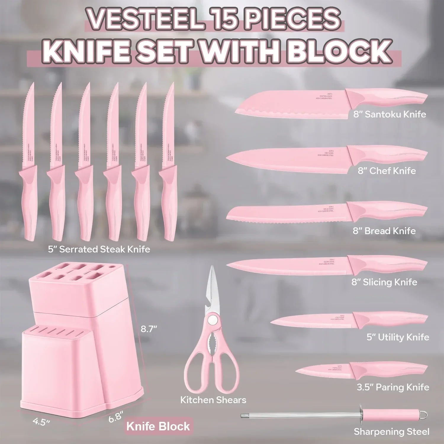 Vesteel Knife Set for Kitchen with Block, 15 Pcs High Carbon Stainless Steel Kitchen Knife Set with Self Sharpening - USA MEGA SHOP