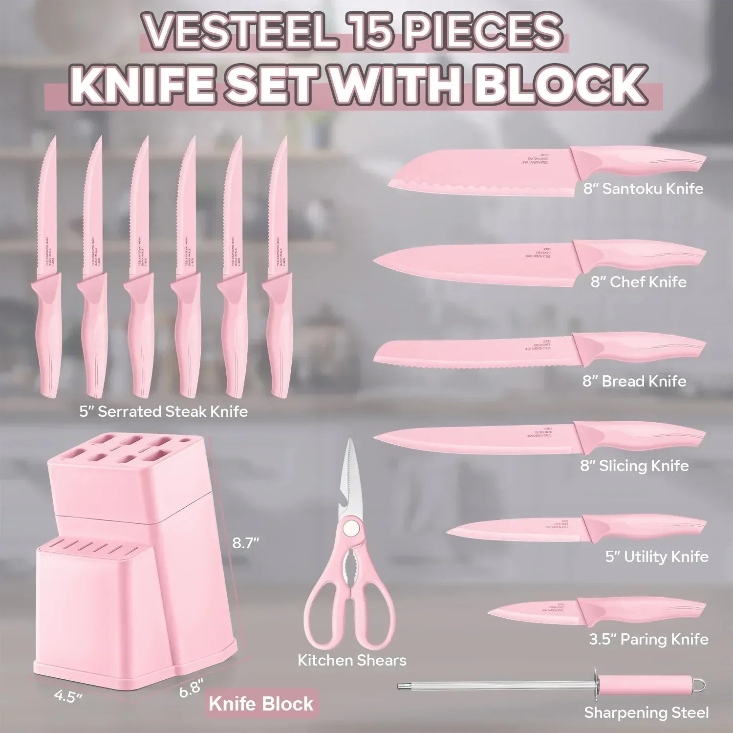 Vesteel Knife Set for Kitchen with Block, 15 Pcs High Carbon Stainless Steel Kitchen Knife Set with Self Sharpening