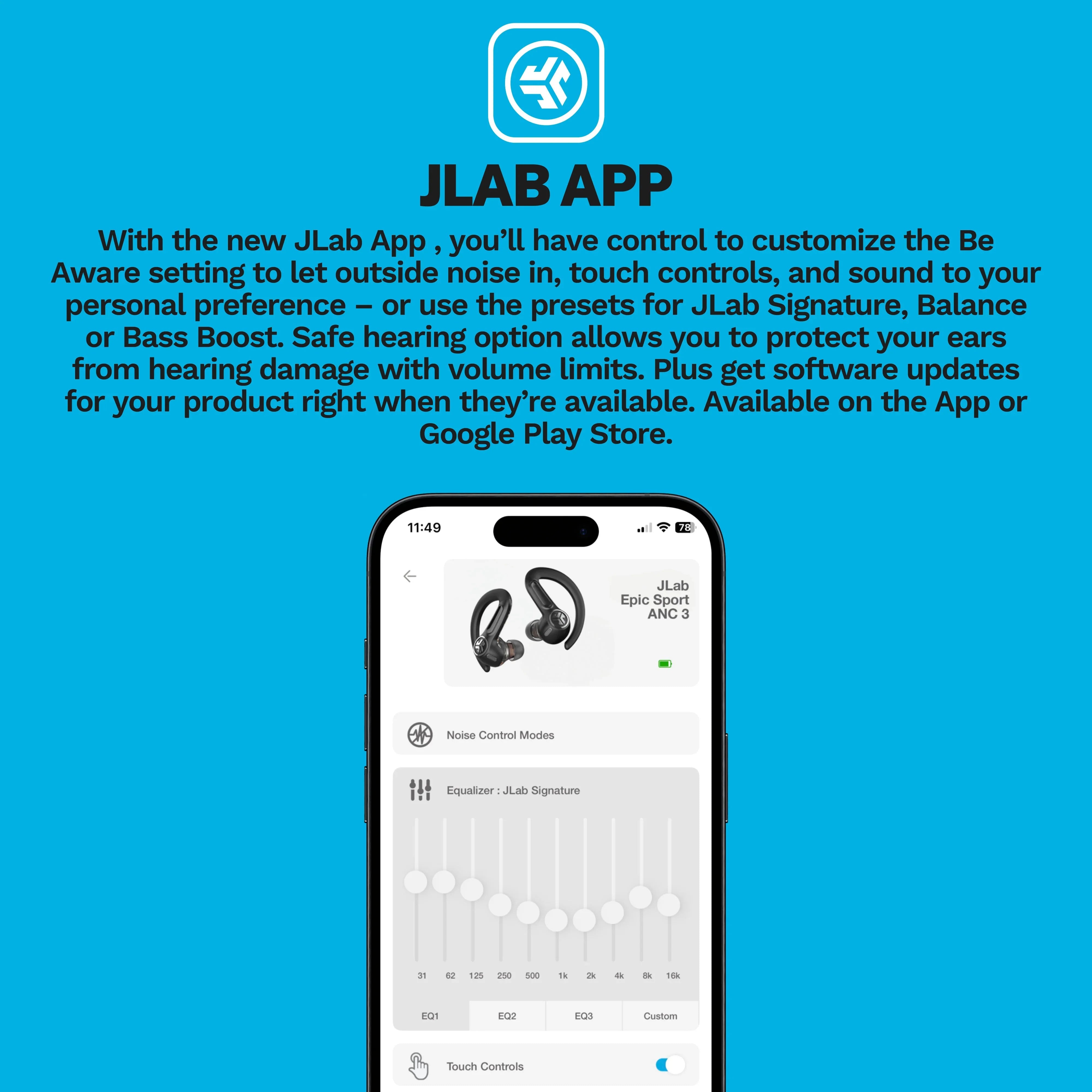 JLab Epic Sport 3 Active Noise Cancelling Earbuds, True Wireless, Black, Earhook, 52+ Hr Playtime, Dual Drivers, IP66