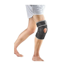 Dark gray knee brace with open kneecap panel and adjustable strap
