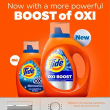 Two Tide Ultra Oxi Boost detergent bottles, orange with blue caps, old and new