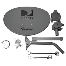 Satellite dish antenna kit with gray dish, mounting bracket, and cable clamps