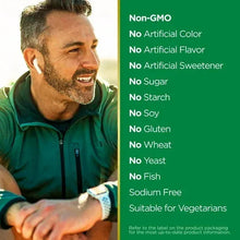 Dietary supplement information panel listing Non-GMO and no artificial flavor