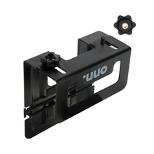 Black adjustable wall mount bracket angled view with center adjustment screw