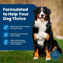 Blue Buffalo Life Protection Formula dog food benefits panel with black, white, and tan dog