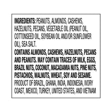 Ingredients list panel for mixed nuts, including peanuts, almonds, cashews, and sea salt