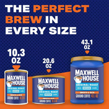 Maxwell House ground coffee canister size chart showing 10.3 oz and 43.1 oz.