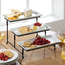 3-tier white porcelain serving tray set with three trays and black frame