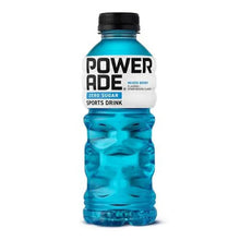 Powerade Zero Mixed Berry sports drink bottle, blue liquid, black cap