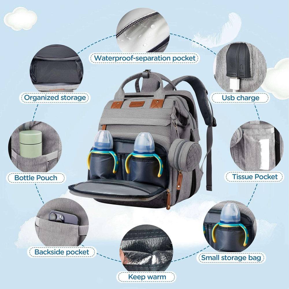 Babyomi Diaper Backpack with Changing Station, Foldable Crib, Insulated Pocket & USB Port, Large Travel Bag for Moms and Dads, Grey - USA MEGA SHOP