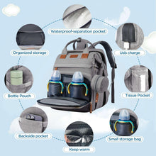 Grey diaper backpack with insulated bottle pockets, waterproof storage, and USB charging pocket.