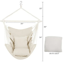 Beige hammock chair swing with seat cushion, shown with size and panel view