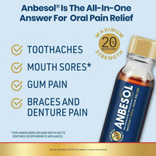 Anbesol oral pain relief liquid bottle beside instant oral pain relief package
