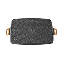 Charcoal speckle double griddle with textured pattern cooking surface and wooden side handles