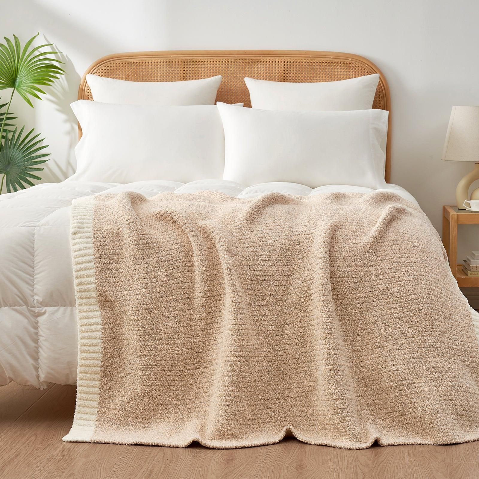Snuggle Sac Heather Beige Throw Blanket for Couch, Ultra Soft Microfiber Knitted Blanket Cozy Warm Blankets, Beige, 50x70 inches