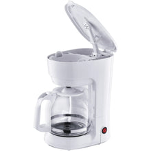 White coffee maker with open top showing carafe and filter basket