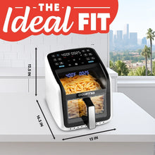 Digital air fryer with panoramic viewing window and white body on counter