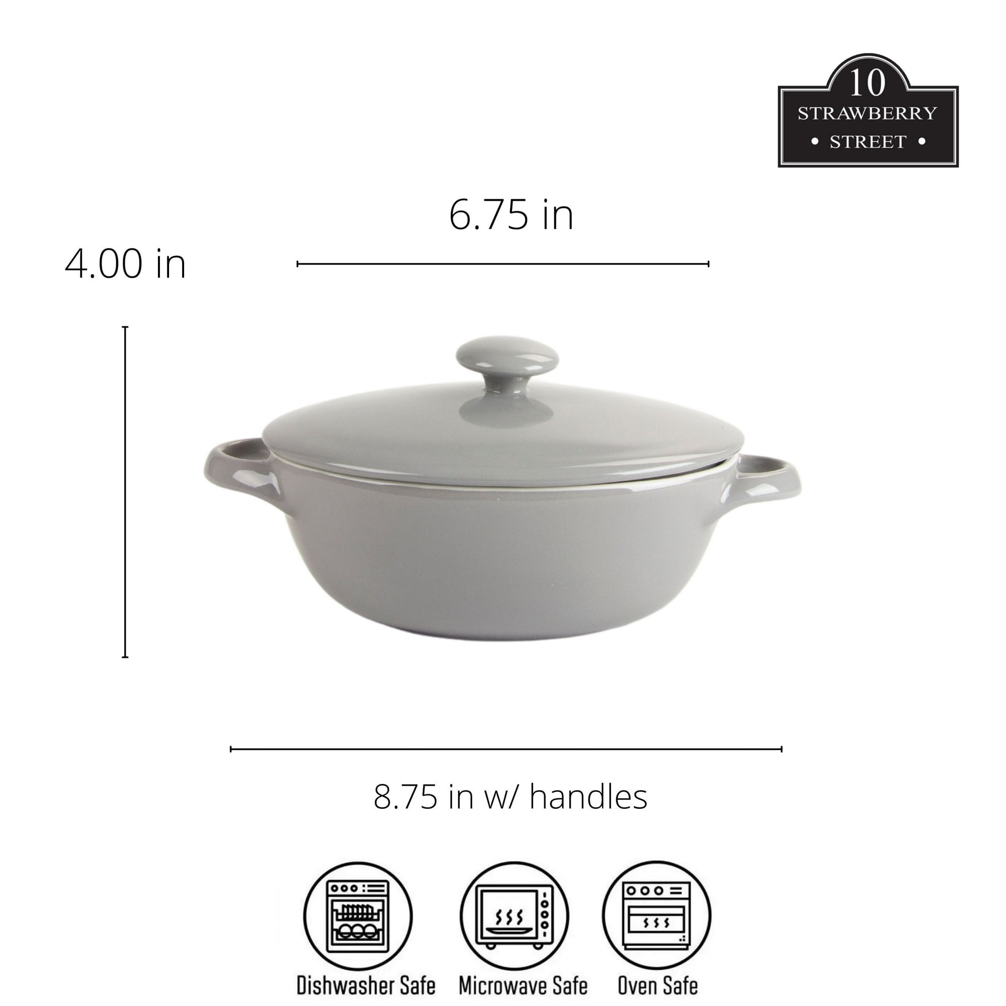 10 Strawberry Street Sienna Covered Casserole 10" and 7" Stoneware Bakeware Set of 2, Gray
